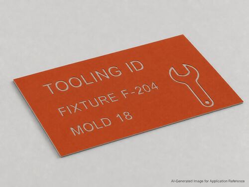 LYS-7003 tooling identification engraving substrate with matte rust-orange face thin two-ply edge and recessed white detail
