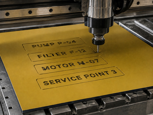 LYS-7039 thin yellow black equipment ID sheet processed on a realistic large industrial CNC engraving table