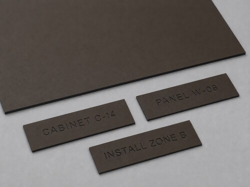 LYS-7079 thin matte brown black core engraving material with shallow cabinet panel and installation-zone label samples